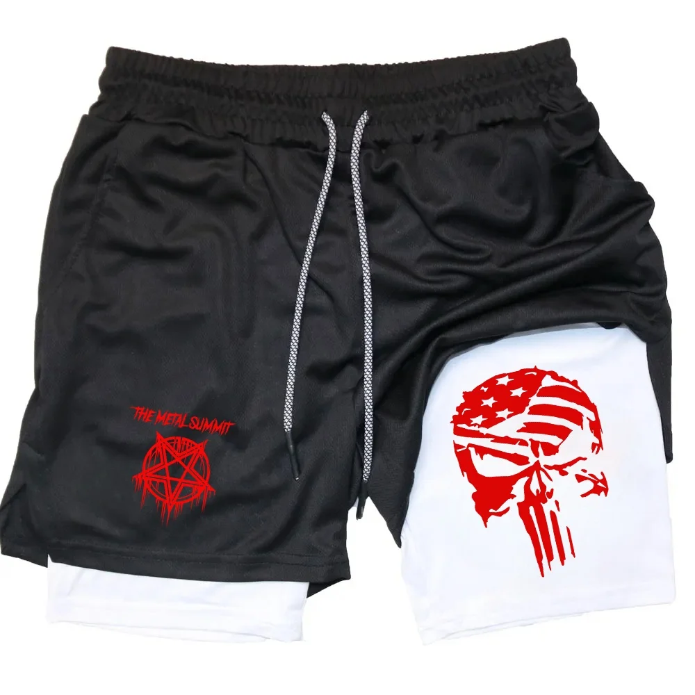Men's Anime Double Layer Shorts Gym Sports Printing Multi Functional Training Fast Drying Running Pants