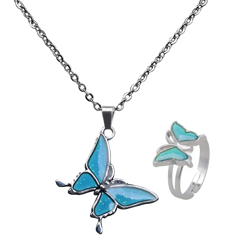 Mood Change Necklace Butterfly Pendant Fashion Jewelry Set Color Change Jewelry for Gift and Party