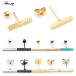 Alisouy 2PCS Minimalism Stainless Steel Rectangular Bar Ball Geometric Long Square Women Men Piercing Ear Stud Earring Jewelry