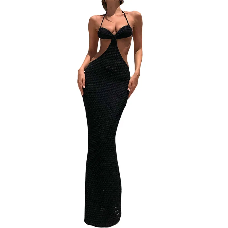 Women Party Hollow Bodycon Dress Summer Elegant Solid Low Cut Hanging Neck Sleeveless Backless Tie Up Beach Long Dress Maxi