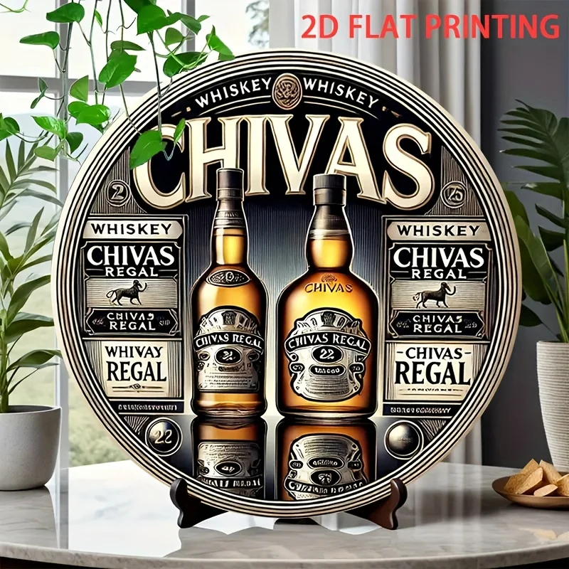 Decoração de parede plana 2D, garrafa de uísque Chivas Regal - impressão plana circular de madeira 2D, clube de bar em casa