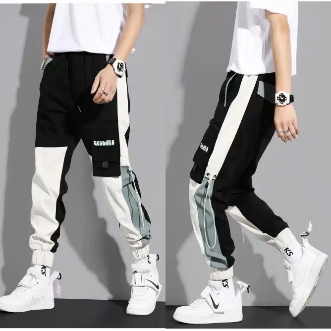 Men's Cargo Pants Casual Hip Hop Hit Color Multiple Pockets Trousers Streetwear Ribbons Techwear Sweatpants