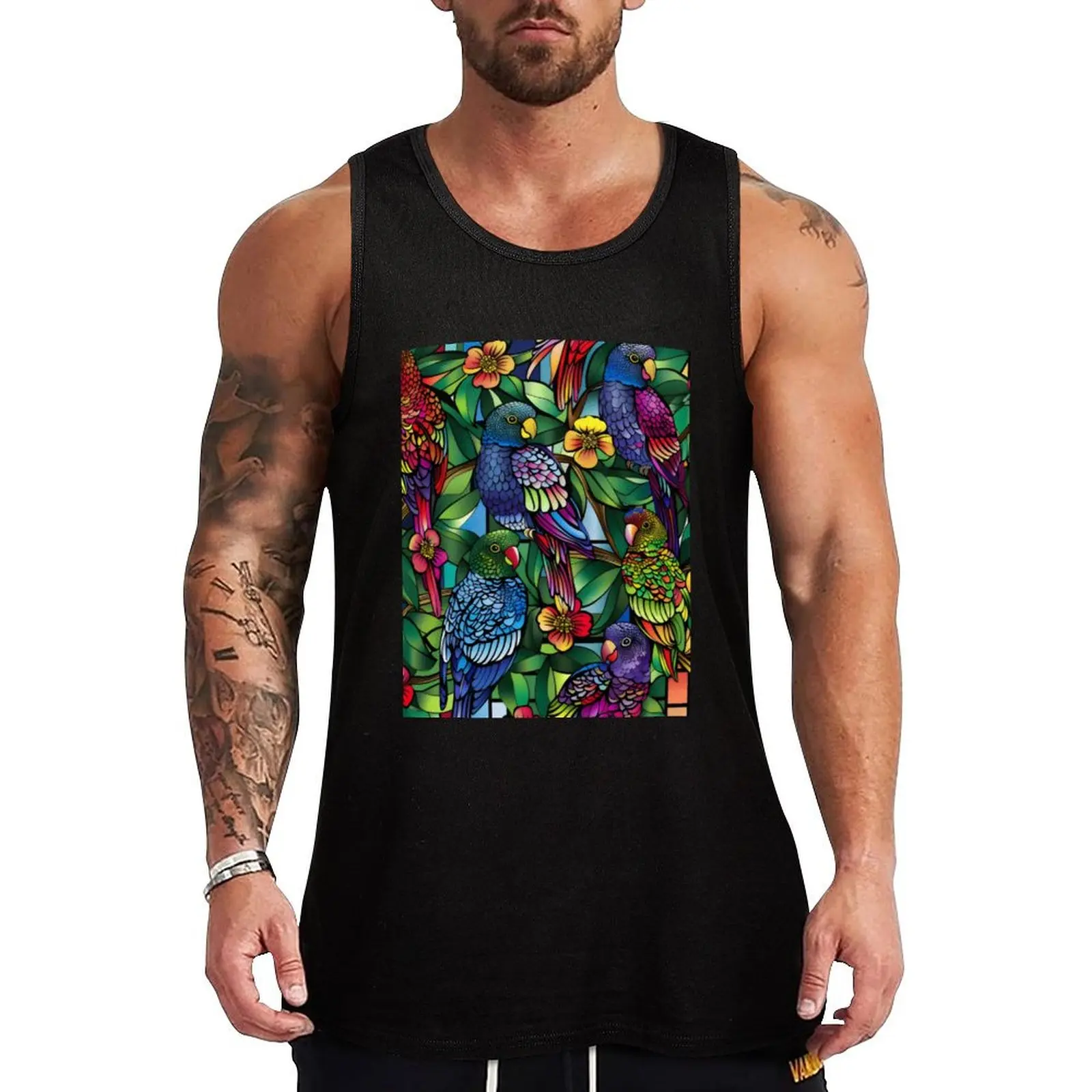 

A colourful stain glass of rosellas and flowers Tank Top Men gym sportswear training weight vest