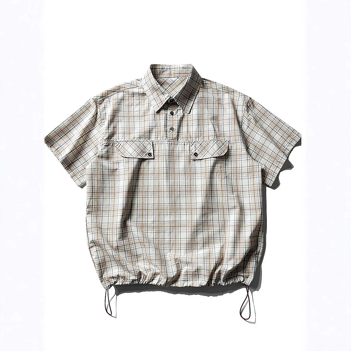 Men Women Retro Plaid Short Sleeve Shirt Casual Streetwear Oversized Drawstring Buckle Print Top