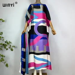 WINYI-Robe caftan avec ceinture pour femme, imprimé géométrique, style bohème, en soie, tenue de soirée, nouvelle collection été 2023