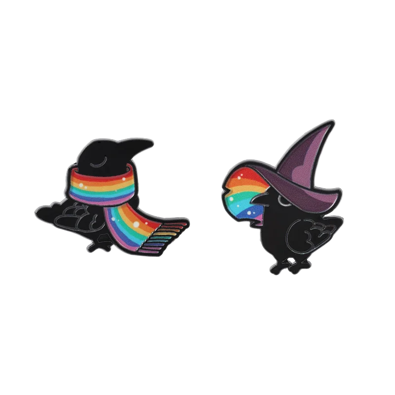 Magische Raben-Emaille-Pins, Regenbogen-Hexenhut & Schal, Metallbroschen, modische Anstecknadeln, Rucksack- und Kleidungs-Schmuck, Geschenk für Freunde