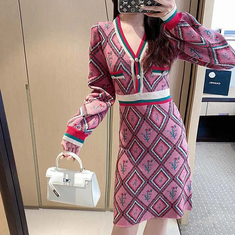 

Autumn Winter Vintage Mini Party Dress Women V Neck Long Sleeve Geometric Pattern Knit Sweater Dress Casual Robe Femme Vestidos