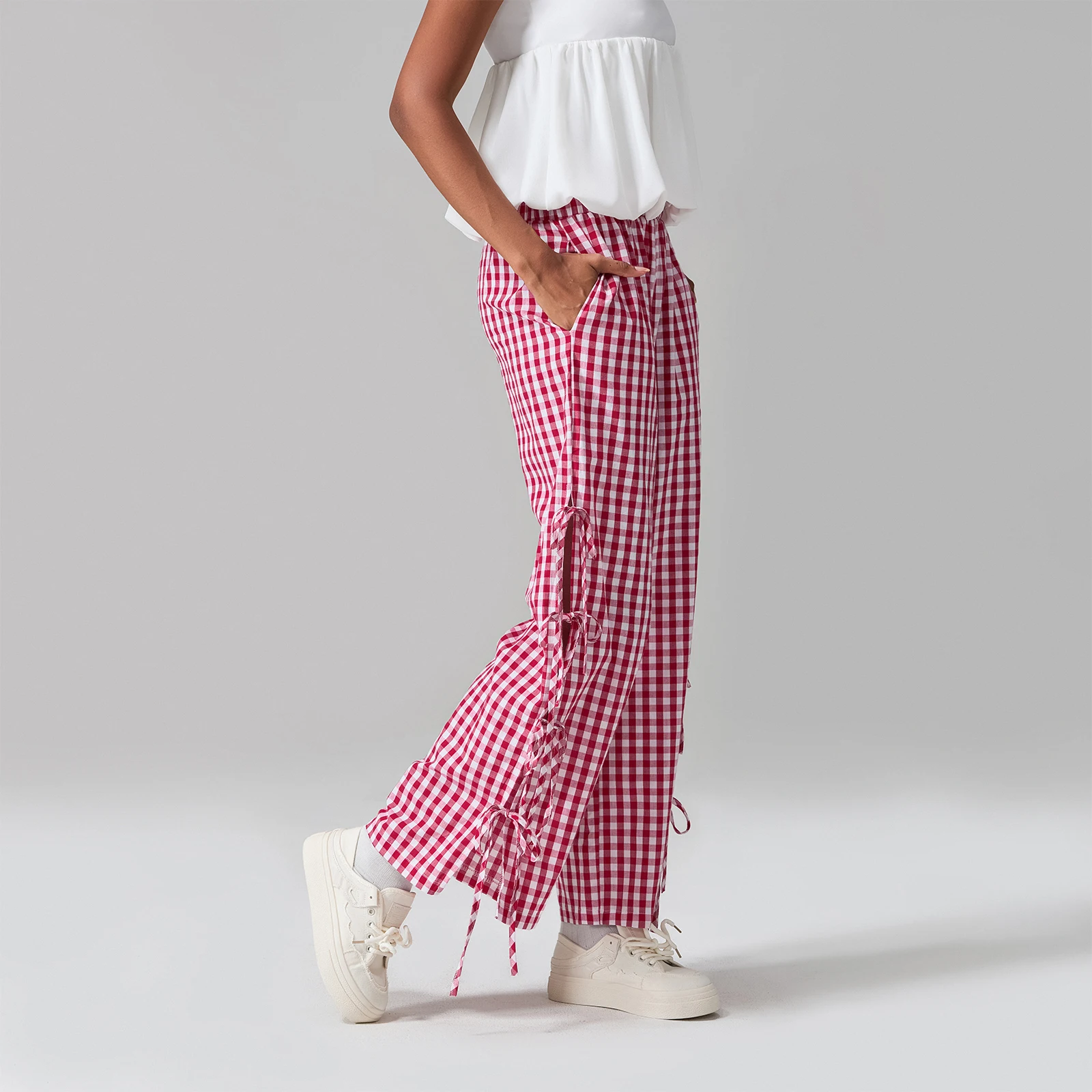 Women's Side Slit Bow Tied Loose Long Pants Summer Fall Streetwear Lounge Bottoms Plaids Elastic Band Straight Leg Trousers