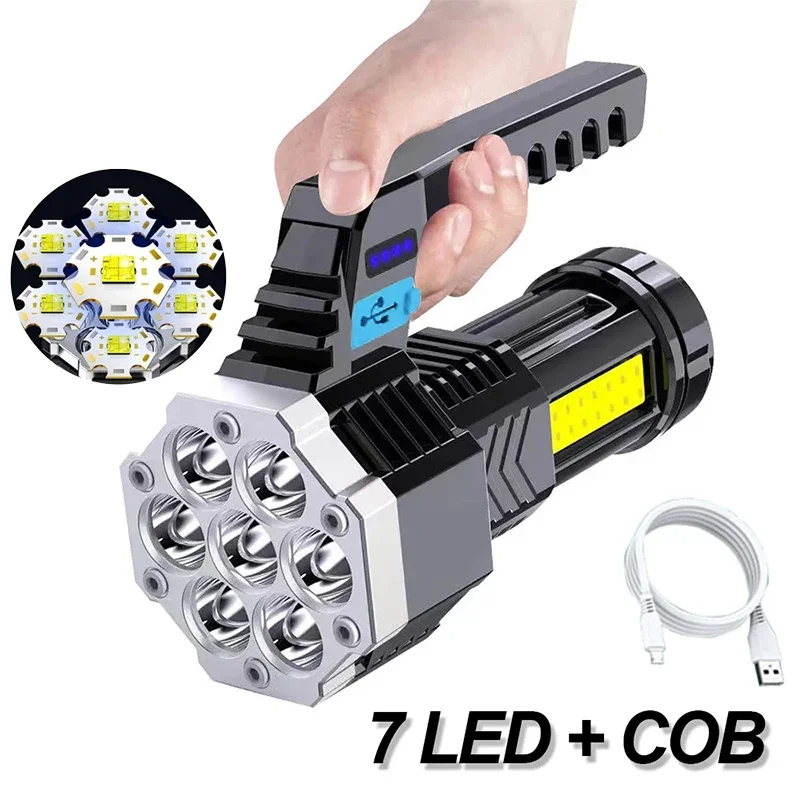 Powerful LED Flashlight Super Bright USB Rechargeable COB 7 LED Handheld Lantern Outdoor Waterproof Camping Portable Torch Light