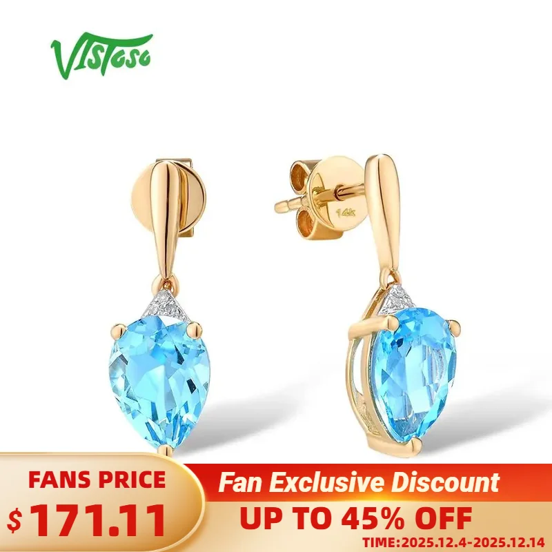 

Золотые серьги VISTOSO для женщин, желтое золото 14 карат 585, гламурный блестящий синий топаз, сверкающий бриллиант, роскошные модные ювелирные изделия