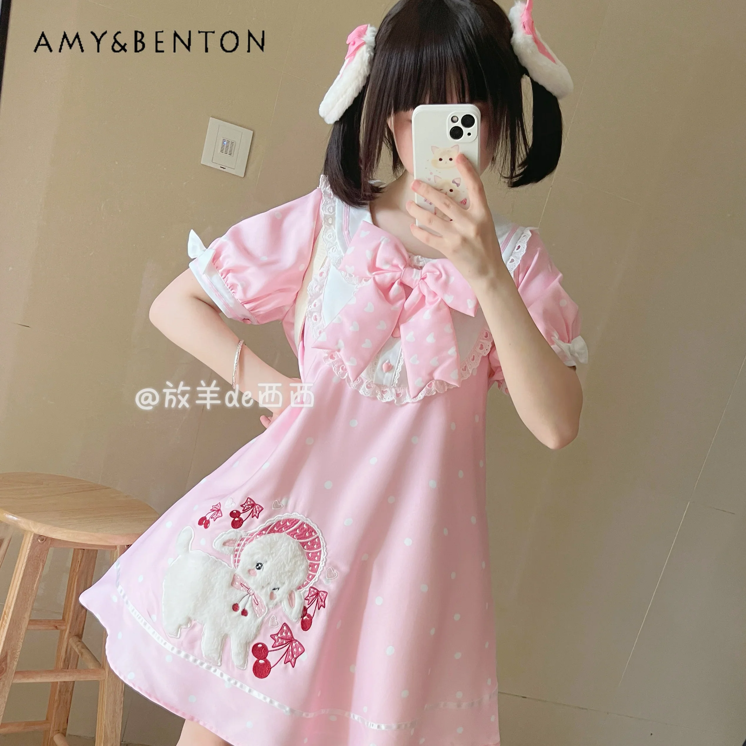 Japanese Sweet Daily Lolita Dresses Cute Bow Cartoon Embroidered Doll Collar Short Sleeve Slim Mini Dress Kawaii Summer Dress