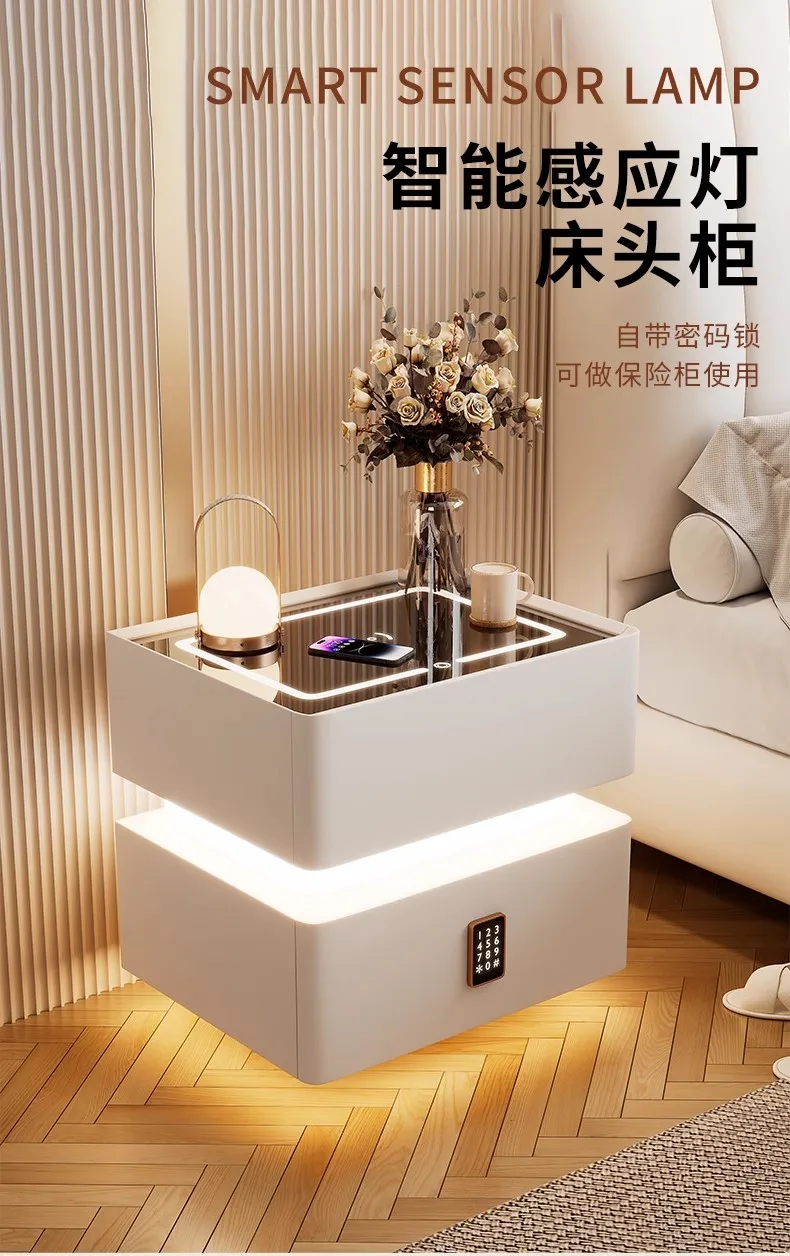 40cm Smart Nightstand with Compact Lockable Solid Wood Bedside Table, Sensor Light, Modern Style Storage Cabinet for Bedroom