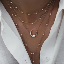 Vintage Moon Crystal Pendant Necklace For Women Gold Color Boho Multi Layer Crystal Pendants Fashion Necklaces 2023 Gift Jewelry