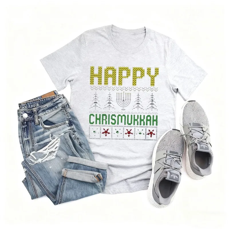 Happy Chrismukkah Cotton T-Shirt Hanukkah Holiday Jewish Gift Tee Festival of Light Jewish Festival Jewish Religious Ritual Tops