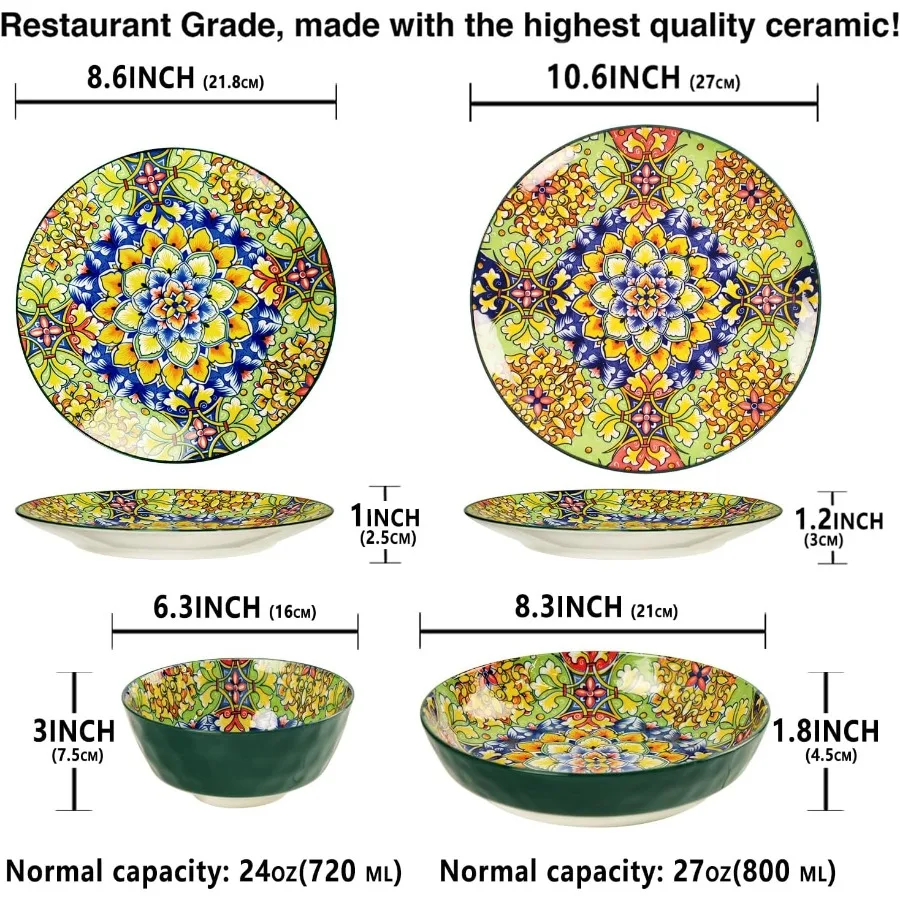 Mandala Dinnerware Sets Plates and Bowls Set Porcelain Dishes Service for 4 Zanzibar Bohemian Style Dining Ware for Kitchen and