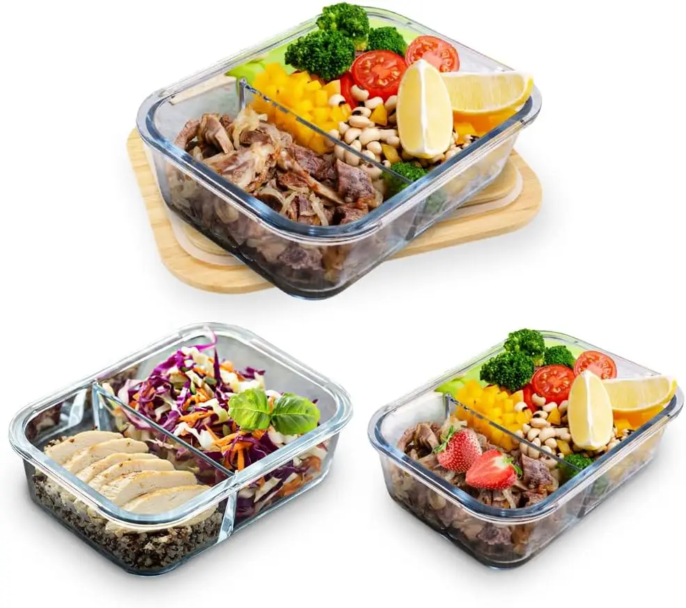 Reusable Glass Meal Prep Container Set, Glass Food Containers With Lids, Lunch  With Compartment Dividers, Large Glass Bento Box