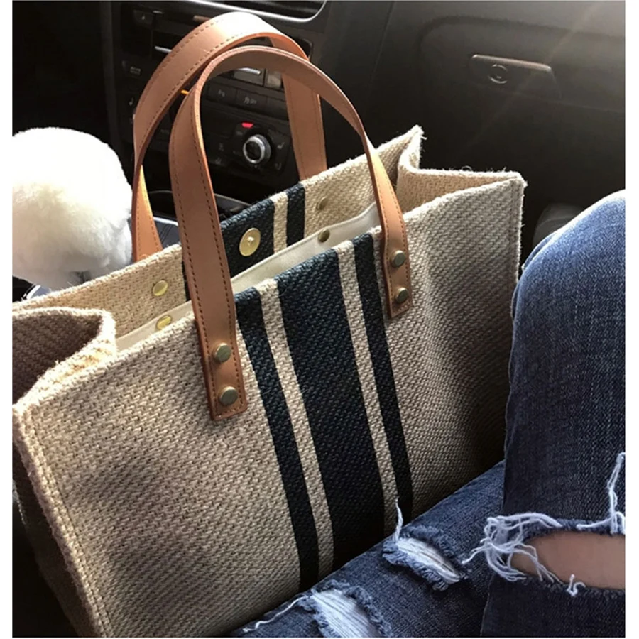 

Simple Canvas Stripe Decor Bucket Handbags Women Top Handle Tote Bag Large Capacity Casual Shoulder Crossbody Bags