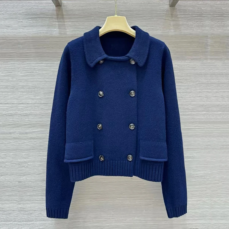 Women\'s lapel double-breasted pocket wool cashmere knit cardigan fall and winter new long-sleeved jacket, high quality tops