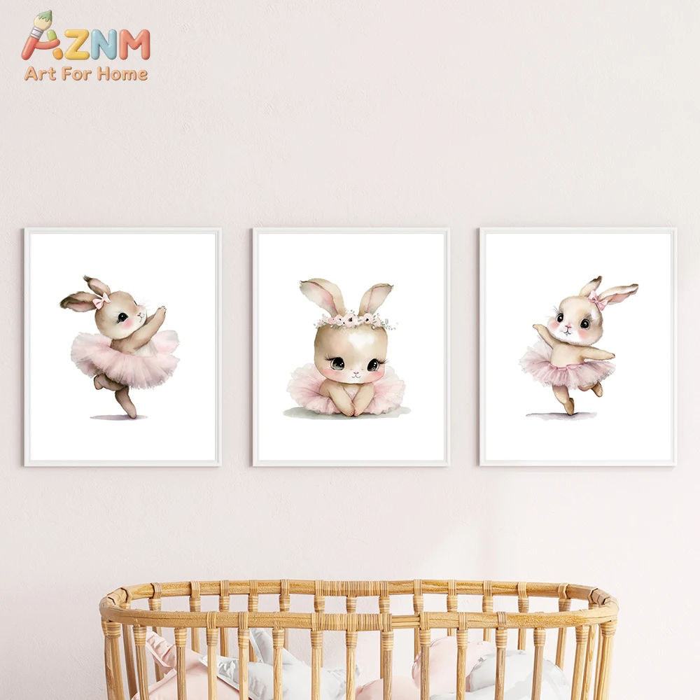 3PCS Ballerina Bunny Canvas Wall Art Set Pink Tutu Rabbit Prints Unframed Nursery Decor