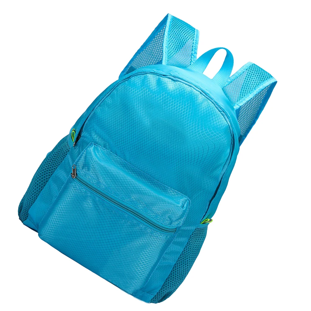 

Travel Backpack Outdoor Bag Lightweight Blue Diamond Grid Pattern Hiking Camping Pouch Mesh Pocket Foldable Daypack Water Bottle