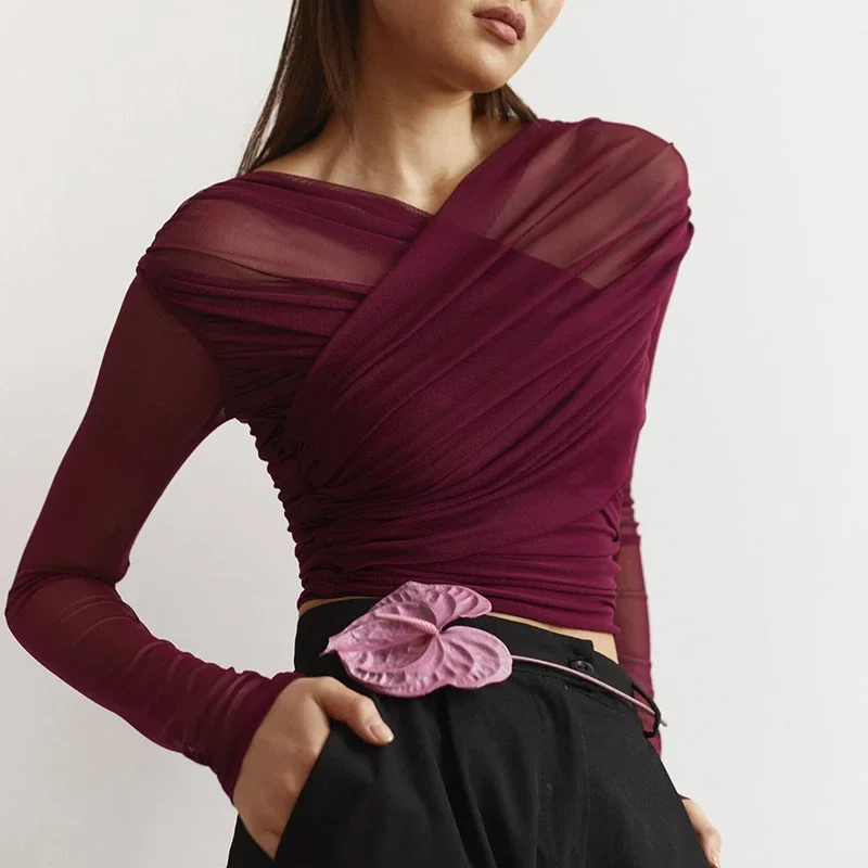 Elegant Burgundy Mesh See Through Cross Neck Crop Top Women Chic Sexy Pleated Long Sleeve T-shirt 2025 Fashion Casual Streetwear