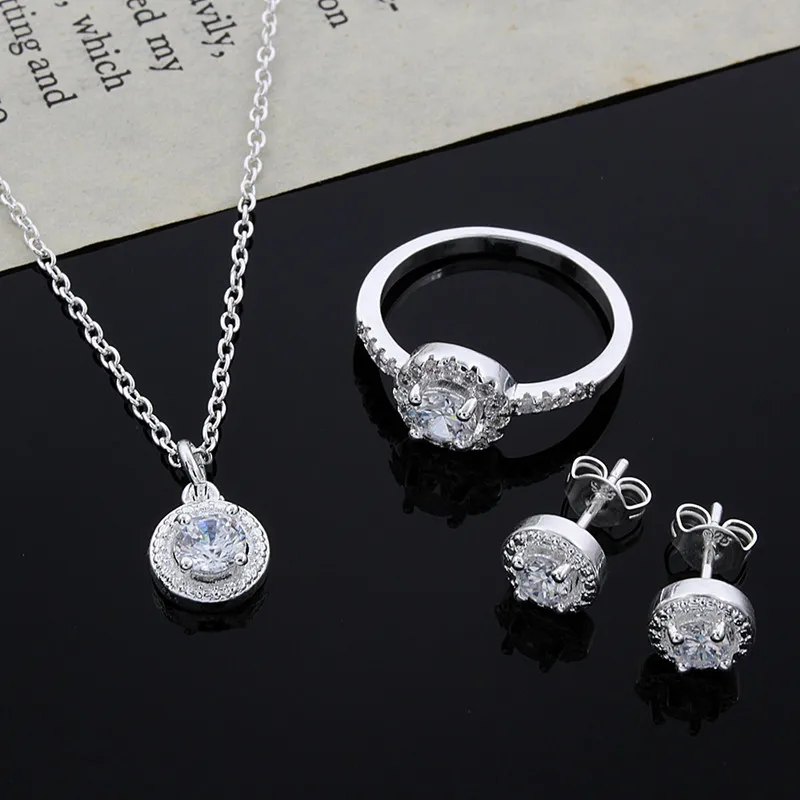 

925 Sterling Silver Cute Solid Christmas Gift Noble Ffashion Elegant Women Shiny Crystal CZ Necklace Earring Ring Jewelry Set