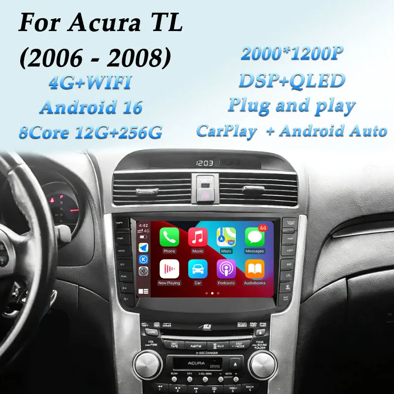 Radio para Auto con Pantalla QLED 2K Android 16 Carplay para Acura TL 2006-2008, GPS, Estéreo, Wifi, BT, 4G, Navegador, Audio, Reproductor Multimedia IPS