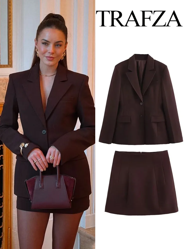 TRAFZA Women Fashion Suits Brown Turn-Down Collar Long Sleeves Single Breasted Blazer+High Waist Zipper Skirt Female Spring Sets