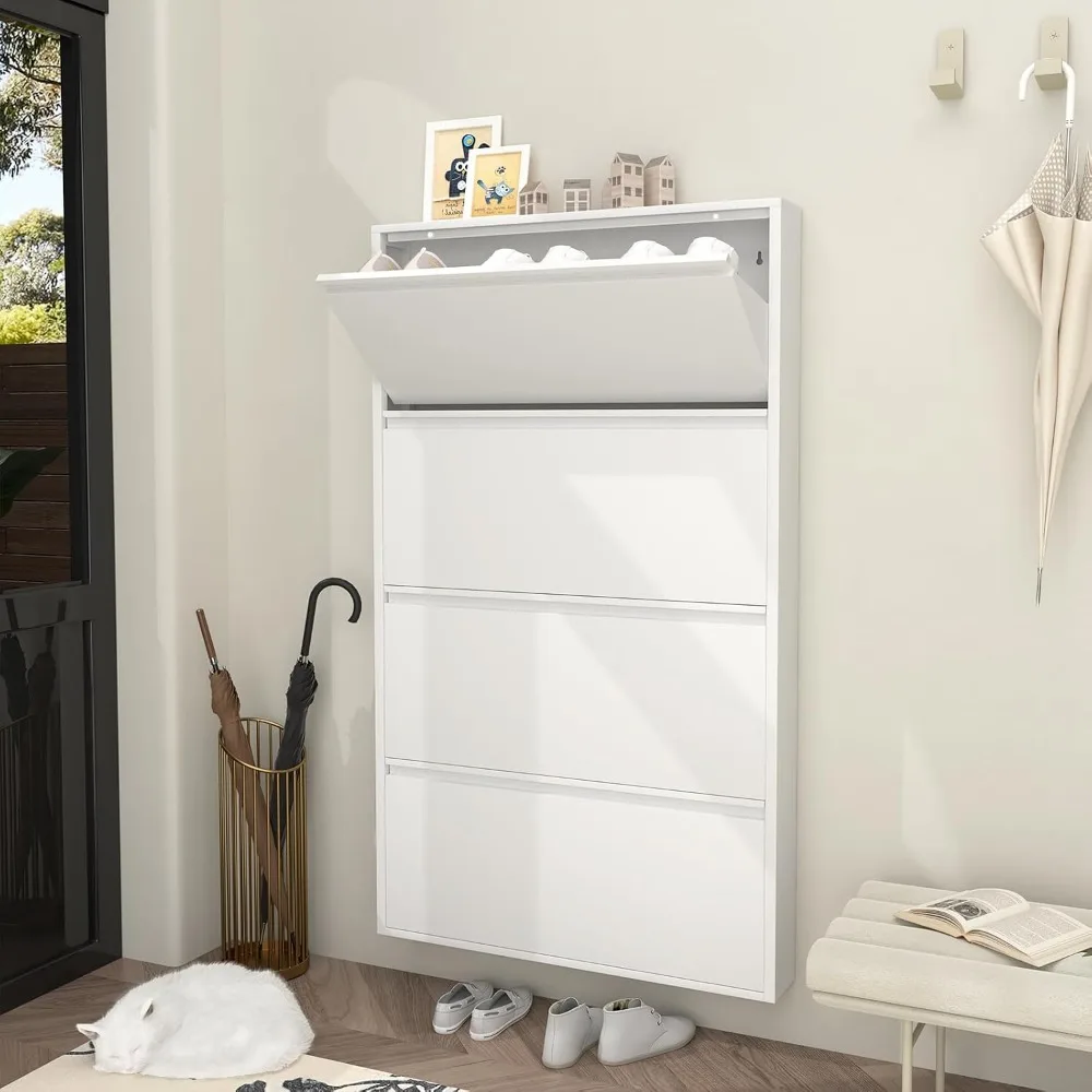 Slim Wall Mounted Closet Shoe Rack, 6 Inch Narrow White Hidden Metal Shoe Storage Cabinet with 4 Flip Drawers, Custom