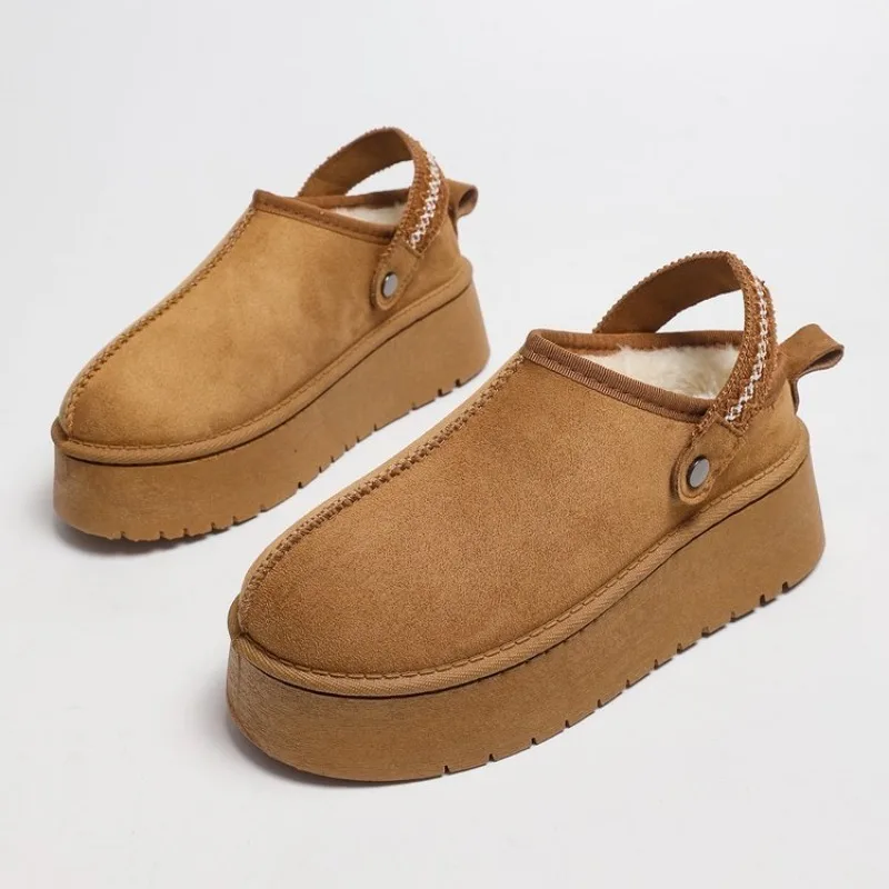 Botas de nieve tipo mule con plataforma para mujer, de ante sintético color camel, suela antideslizante, zuecos de invierno sin cordones