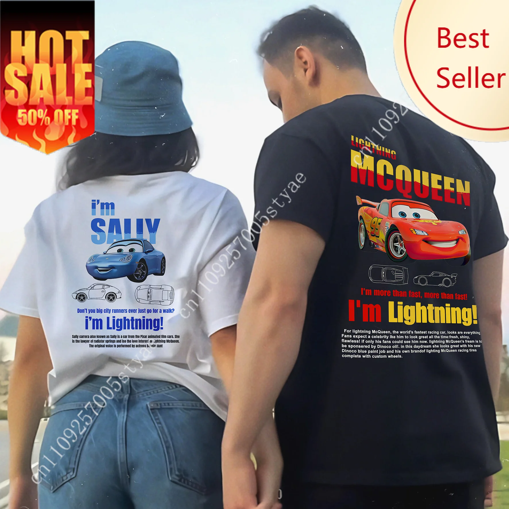 

Футболка для пар Lightning Mcqueen and Sally, наряд для мужчин и женщин, футболки Sally and Mcqueen для пары, подарочная футболка с принтом на спине