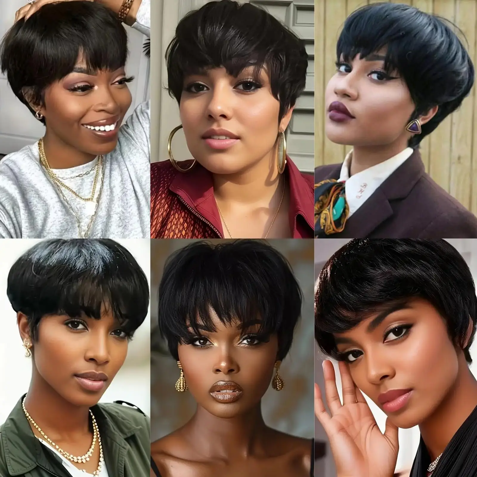 픽시컷 가발 인모 숏 스트레이트 픽시 가발 흑인 여성용 레이어드 레미 인모 기계 제작 가발 일상용