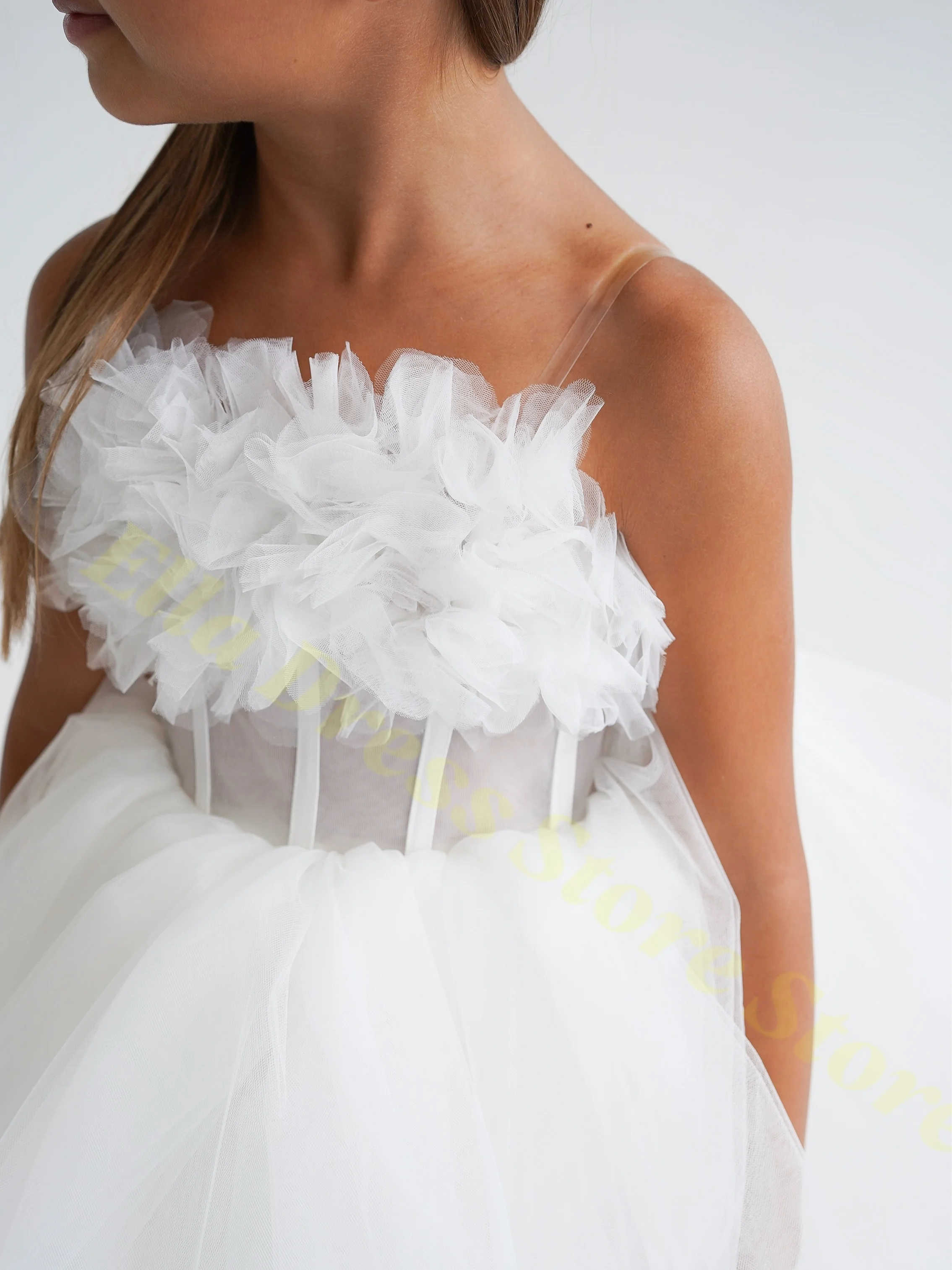 Weißes Blumenmädchenkleid für Hochzeit, Tüll, bauschig, mit Federn, ärmellos, Geburtstag, Erstkommunion, Ballkleider, maßgeschneidert, Großhandel – Detail 4
