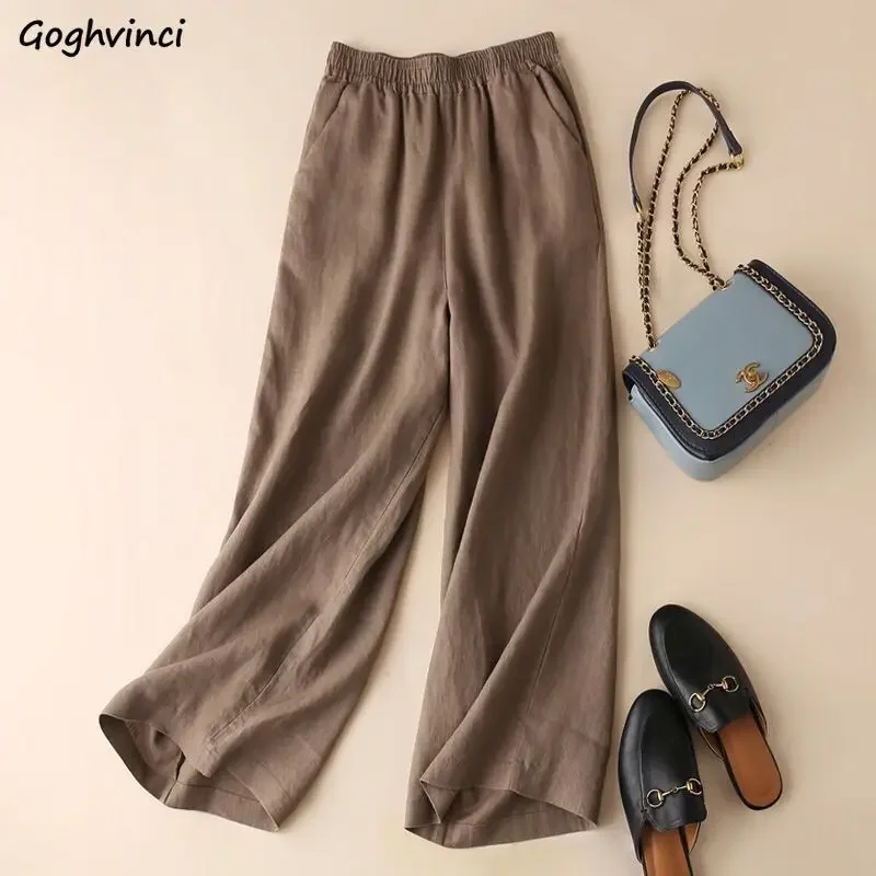 Casual Pants Women Vintage Loose Wide Leg Summer Chinese Style Ankle-length Trousers Simple Pure All-match Classic Ladies Cozy