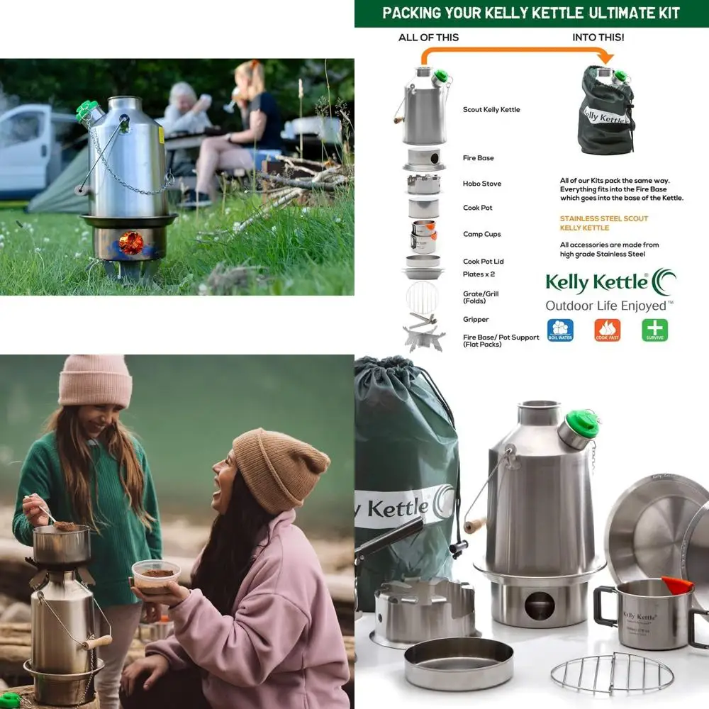 

® Ultimate 'Scout' Kit VALUE ПРЕДЛОЖЕНИЕ | Стальной походный чайник на 41 унции, набор для приготовления пищи, плита-бродяга, чашки, тарелки, опора для основания | Используйте палочки для Бои