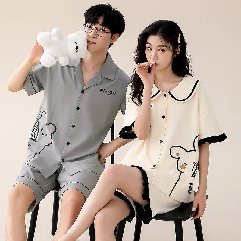 Couple Pajama Set Summer Cute Cartoon Short Sleeve Pyjamas 100% Cotton Men and Women Sleepwear