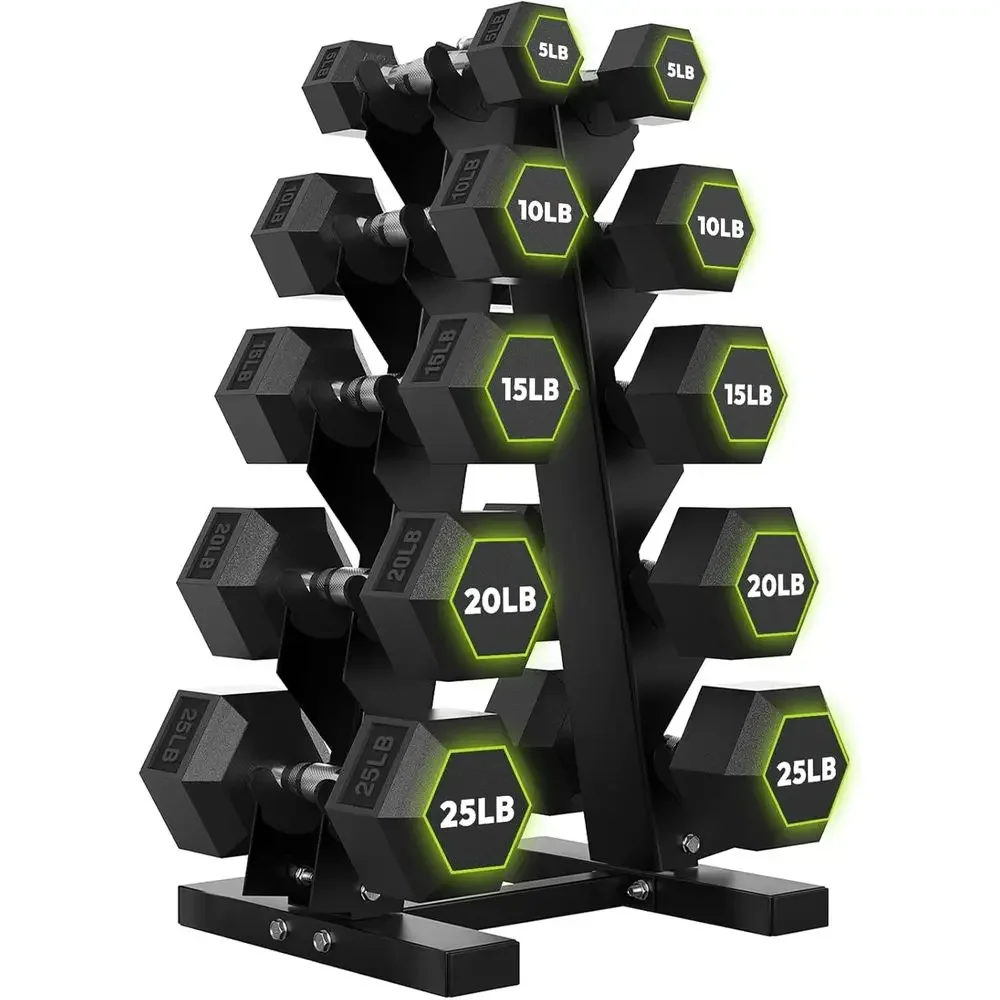 Hex Dumbbells with A-E Rack, 100-600 lb Weight Options, Non-Rolling Hexagon Design, Comfortable Grip for Home Gym Use