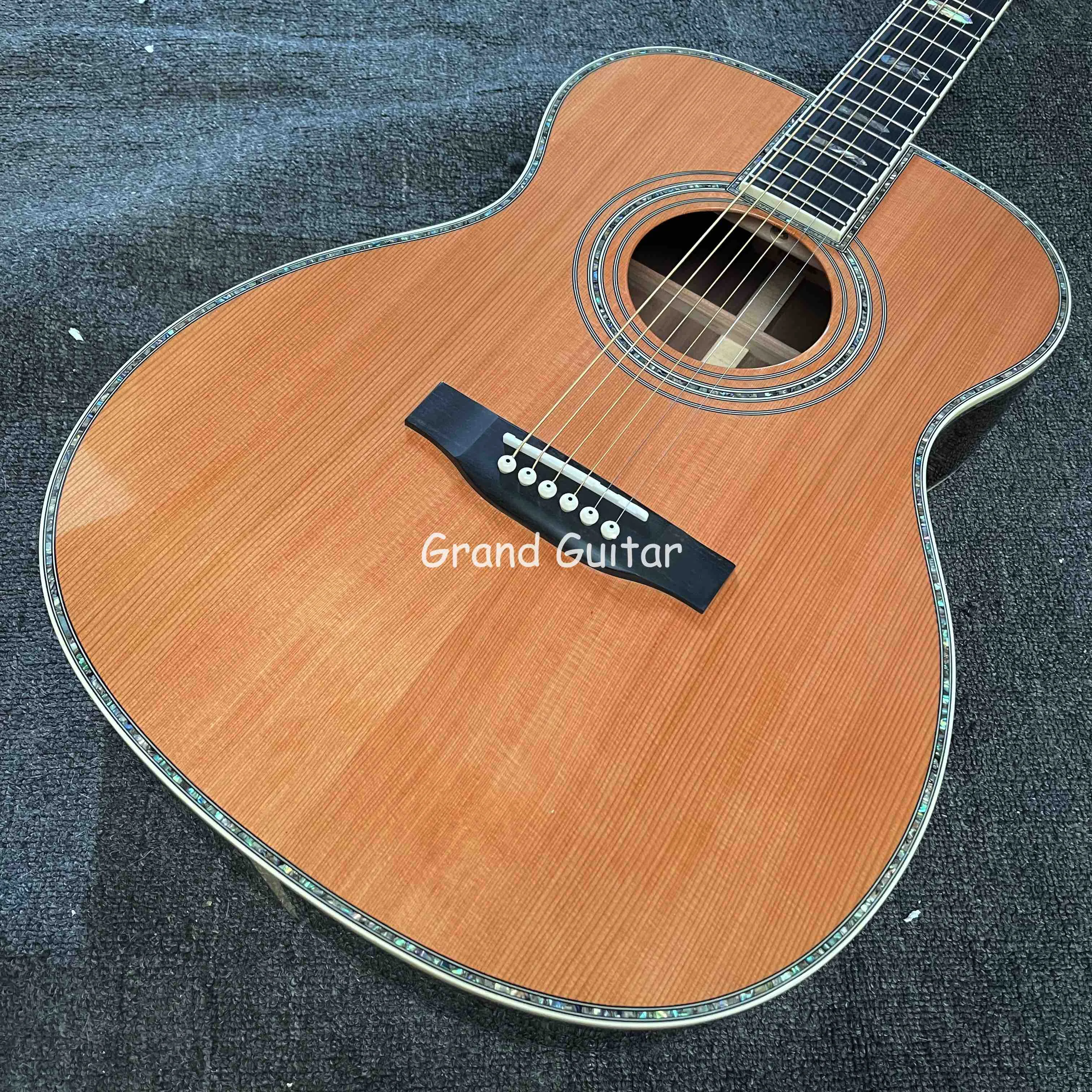 Custom Fantes OM Body M Style OM45 Solid Cedar Top with Solid R Back Side Acoustic Guitar Yellow Painting, Customized LOGO