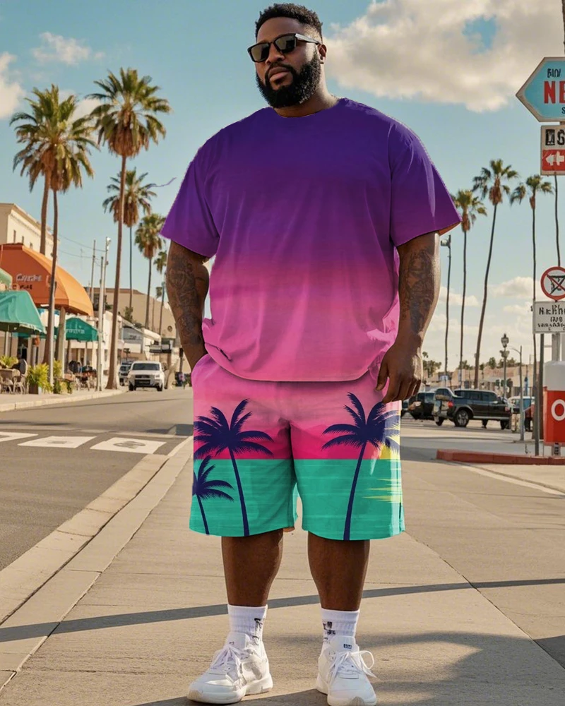 

Gradient color coconut tree vacation short-sleeved shorts large size men's suit