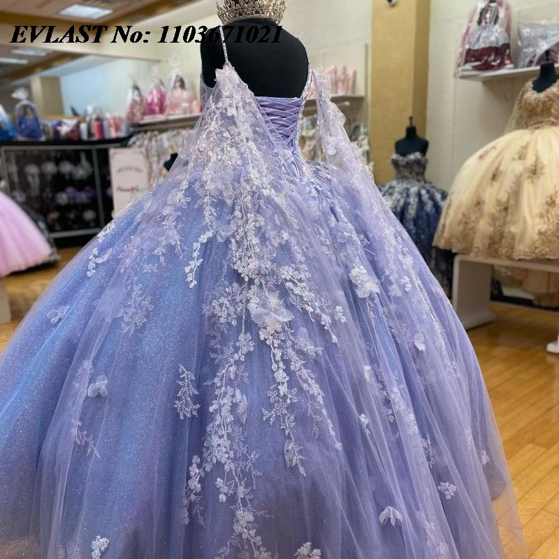 Evlast Glanzend Blauw Quinceanera Jurk Baljurk Witte Bloemen Applique Kralen Met Cape Sweet 16 Vestidos De Xv 15 Anos Sq64