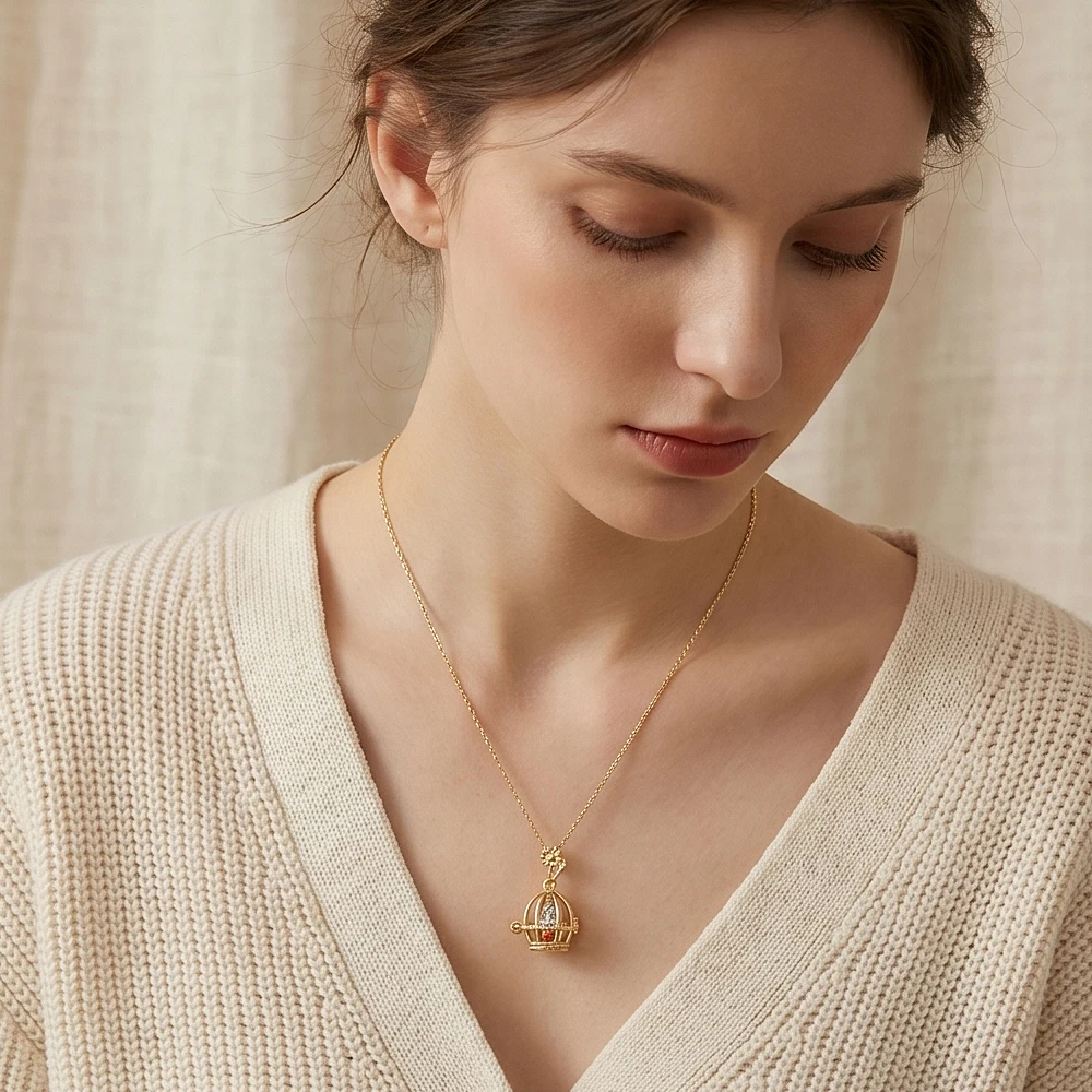 LAMOON Retro Exquisite Birdcage Pendant Necklace For Women Natural Garnet Gemstone 925 Sterling Silver Gold Plated Fine Jewelry