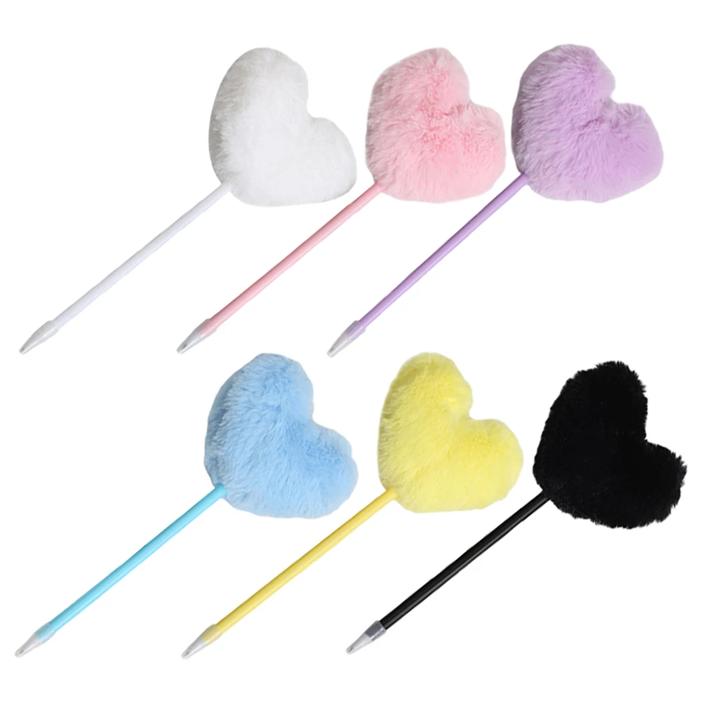 

6pcs Heart Shape Ballpoint Pens Pom Pom Cute Cartoon Design Colorful Gradient Ink Kids Girls School Office Supplies Rolling Pens