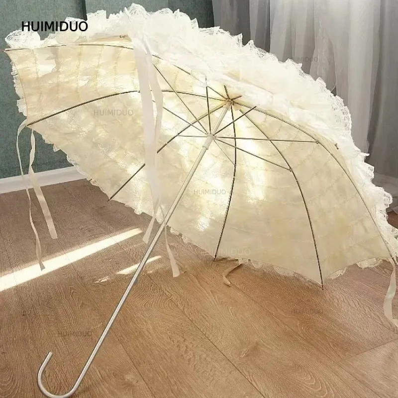 Double Lace Women's Umbrella Luxury Aesthetic Creative Retro Arch Bent Handle Long Handle Umbrella Pink Fringe Straight Bar