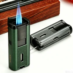 LUBINSKI Cigar Lighter With Needles Cigar Punch Metal Butane Gas Torch 3 Jet Flame Cigar Lighters