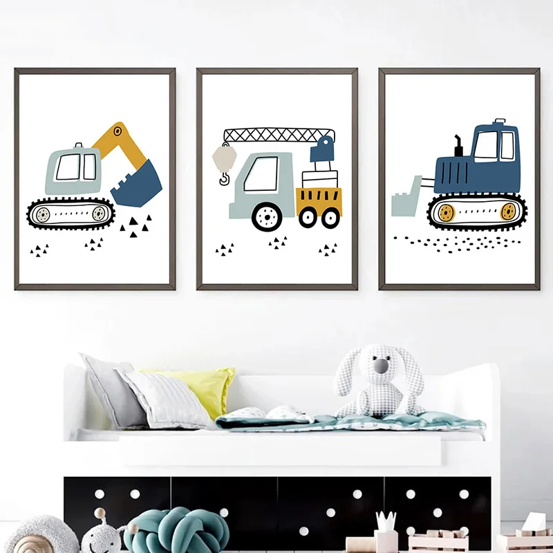 Modern Cartoon Style Crane Excavator Tractor Truck Unframed Canvas Painting Posters For Living Room Bedroom Home Wall Art Decor