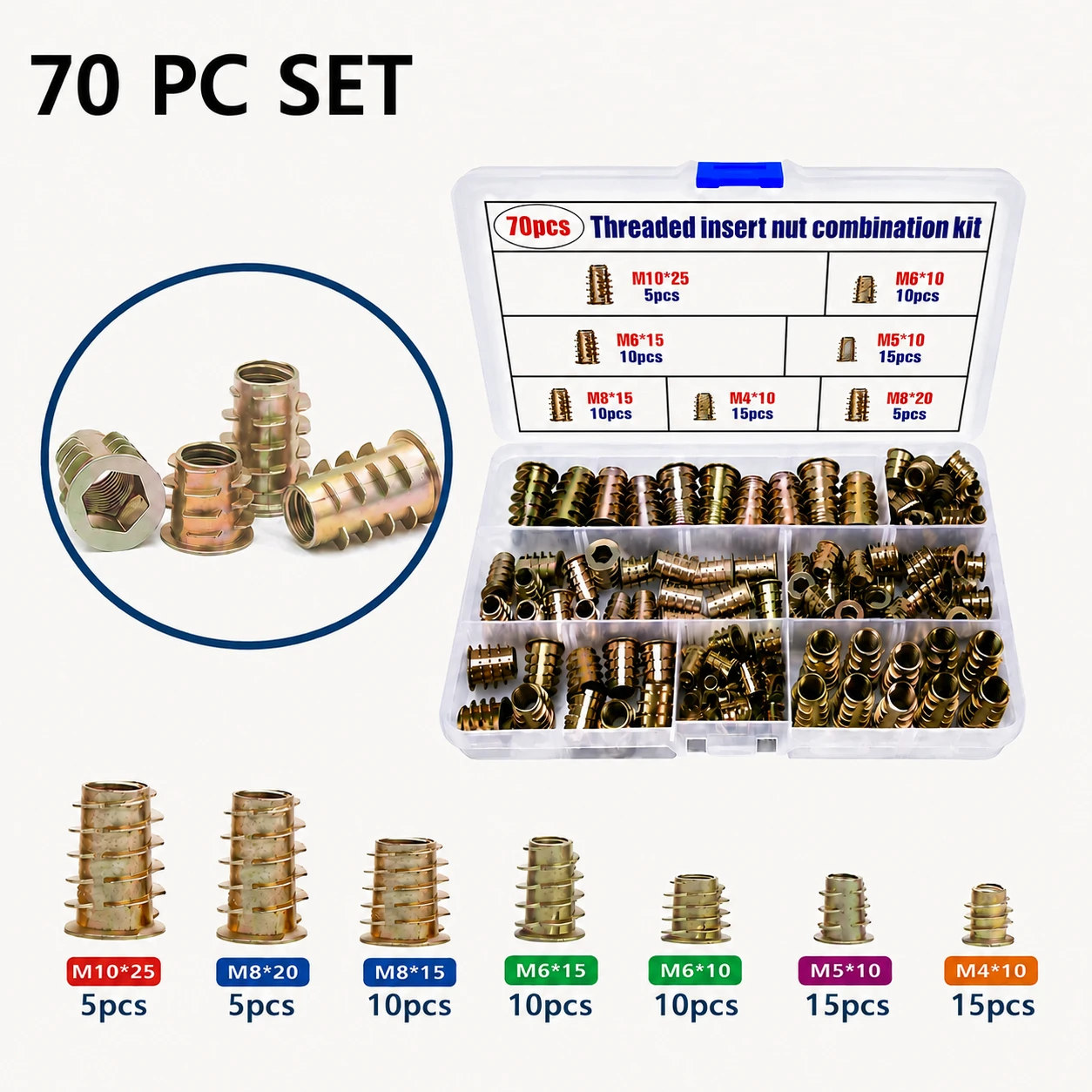 70pcs,Wood Furniture Thread Insert Nut Combination Tool Kit Zinc Alloy Furniture Bolt Fastener Connector Hexagonal Screw Insert