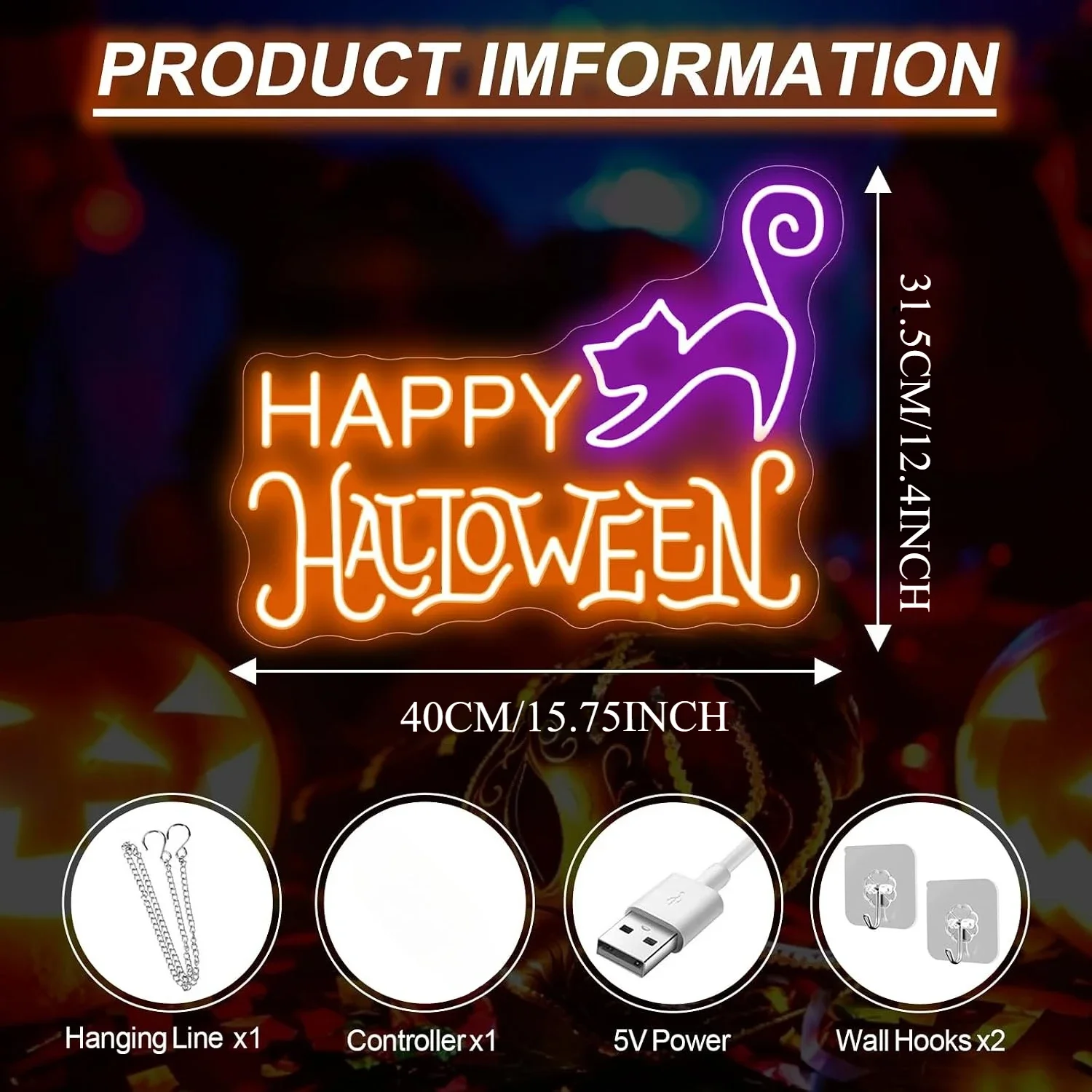 Happy Halloween Neon Sign USB Powered LED Neon Light Party Gaming Room Door Porch Bedroom Aesthetic Decor Night Light Gift