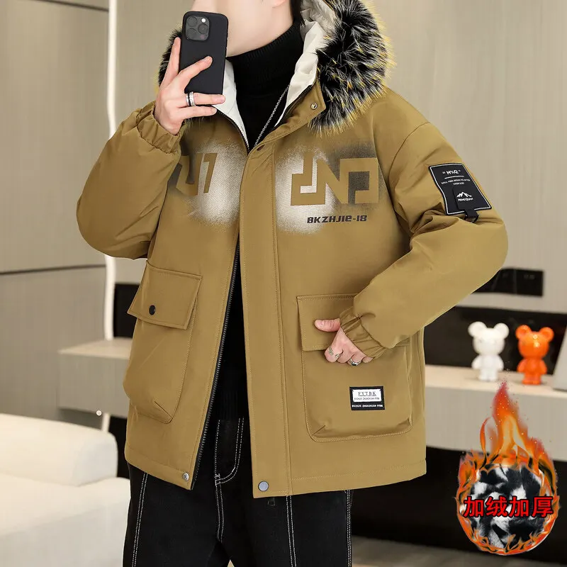 GIOIO men's parka, fur collar, velvet and thickened printing, three-dimensional pockets, casual warm windbreaker jacket