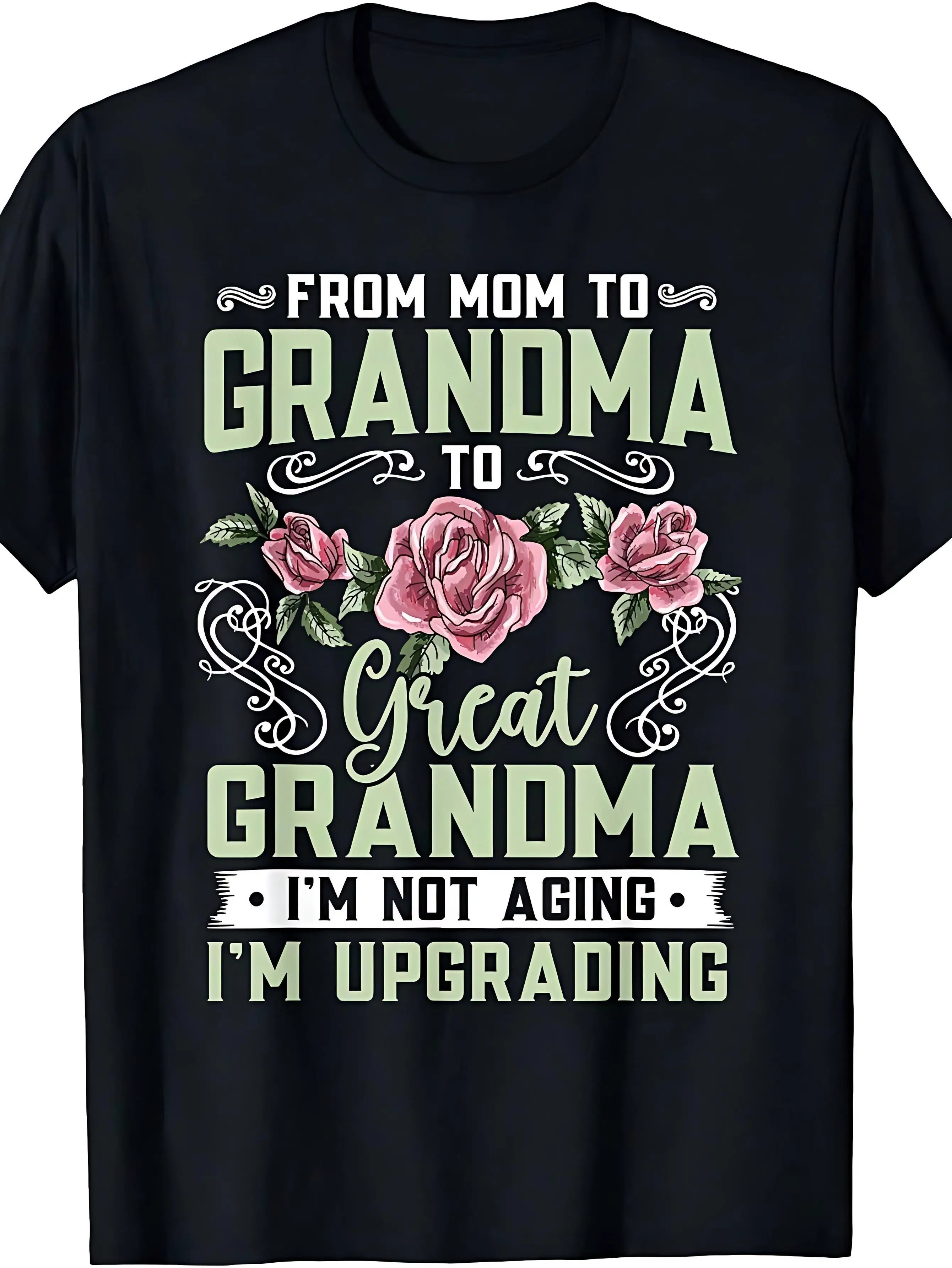 Black Crew Neck Short Sleeve T-Shirt Top With Humorous Grandma Slogan And Floral Design, A Gift Idea For Mother's Day