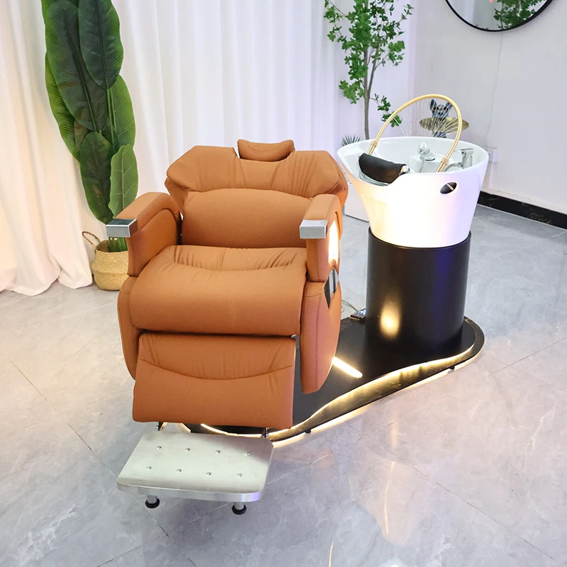 Barbershop Furniture Orange Leather Reclining Washing Chair Luxury Electric Adjustable Head Spa Treatment Shampoo Chair